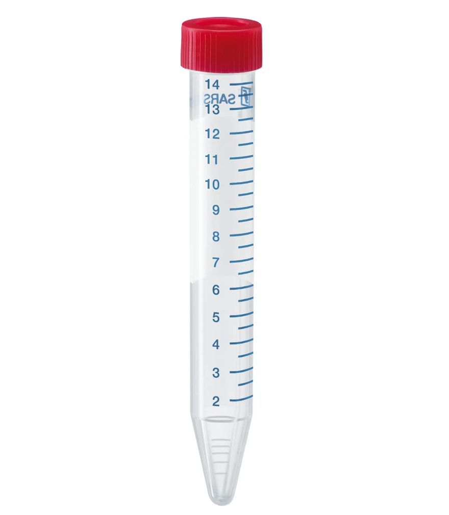 Clear plastic tube with red cap and measurement markings on a white background
