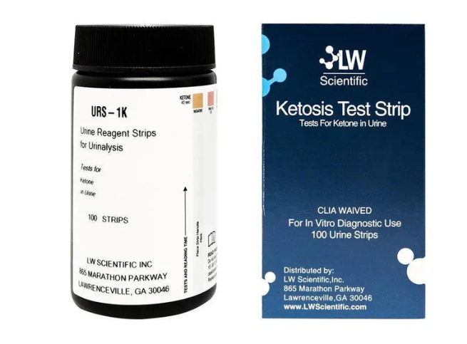 Urine reagent strips container and LW Scientific ketosis test strip packaging on a white background