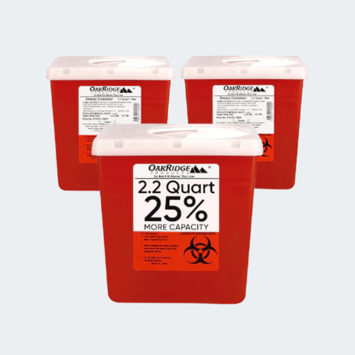 Three red biohazard waste containers with white lids arranged in a triangular formation on a light gray background. The front container has a white label reading 'OakRidge 2.