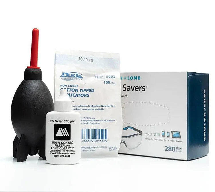 Cleaning tools and supplies including a black and red balloon, filter cleaner, cotton swabs, and a box of eye wear savers on a white background.