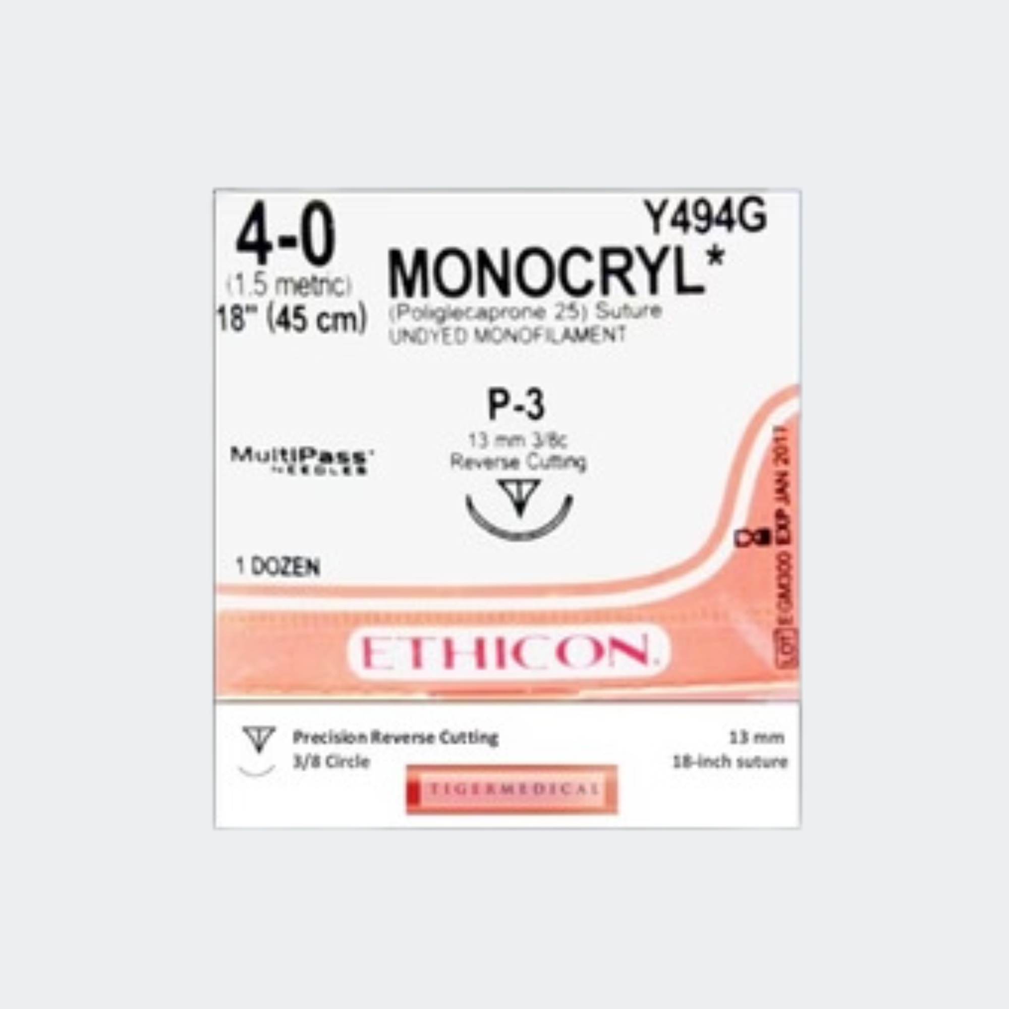 Suture with Needle Monocryl™ Absorbable Uncoated Undyed Suture Monofilament Poliglecaprone Size 4-0 18 Inch Suture 1-Needle 16 mm Length 1/2 Circle Precision Cosmetic - Conventional Cutting PRIME Needle