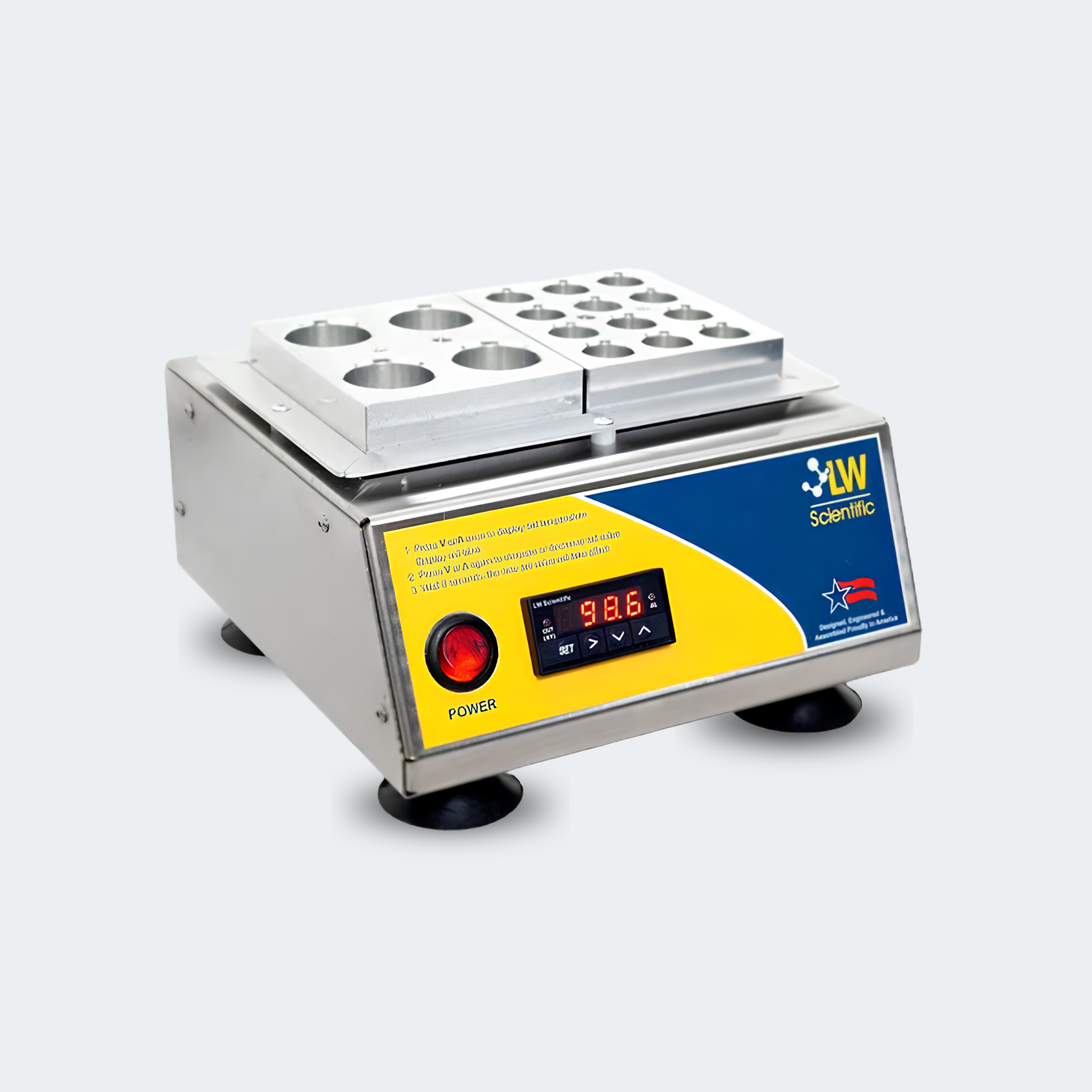 A SolarWick liquid nitrogen concentrator shown on a light gray background. The machine features a stainless steel body, a top tray with multiple circular nozzles, a yellow and blue front control panel with a digital display and red power button, and black feet.