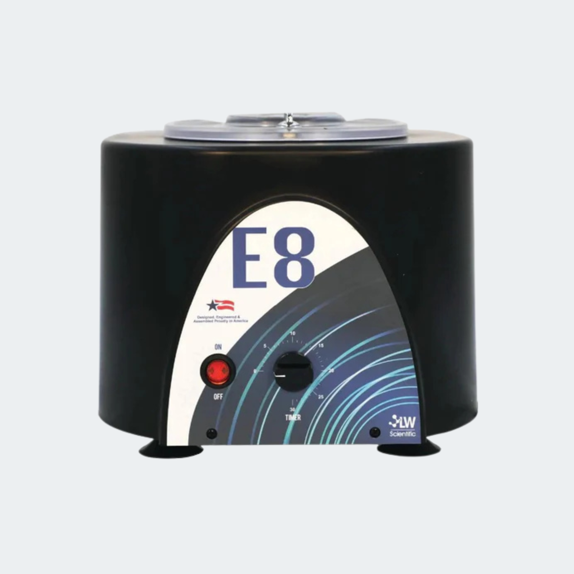 A countertop electric mixer with a black cylindrical body, featuring a front panel with a red power button, a black dial, and a graphic design with the text 'E8'.