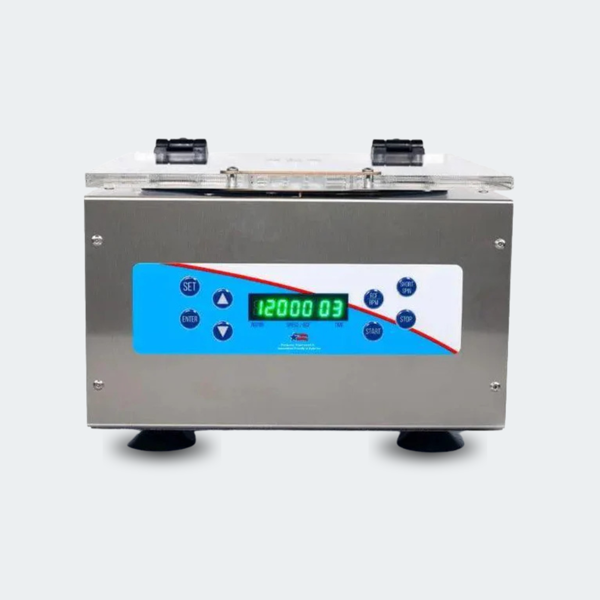 A stainless steel electronic vacuum sealer machine with a blue and white digital control panel, shown on a light gray background.