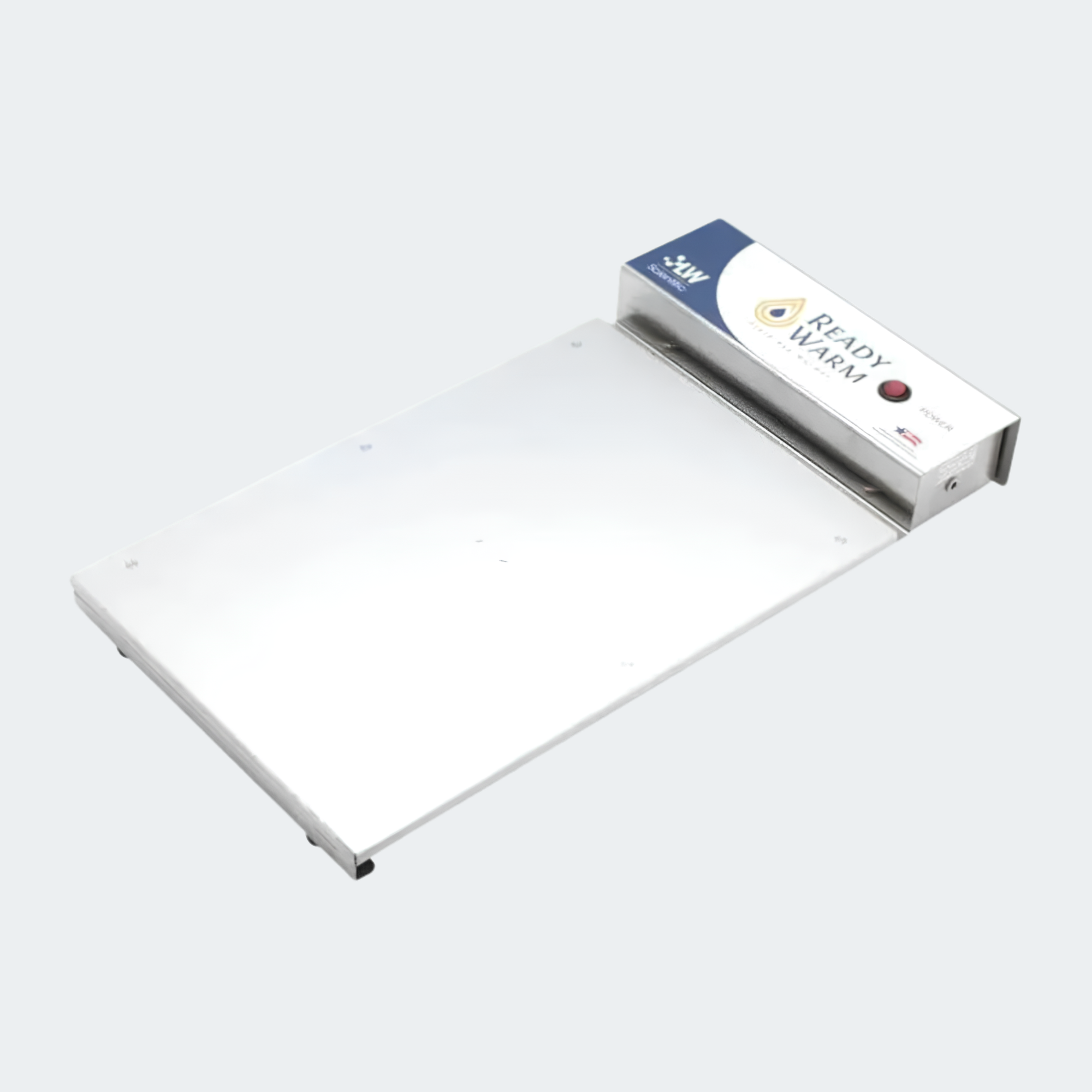 A white flat-top electric griddle with a silver metal control panel labeled 'Ready to Bake' and '360W' on a light gray background.