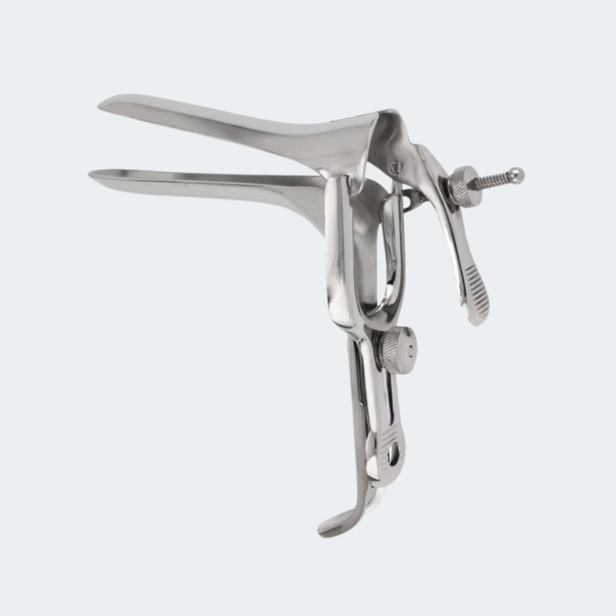 A stainless steel medical clamping device with a screw adjustment knob and lever, shown on a light gray background.