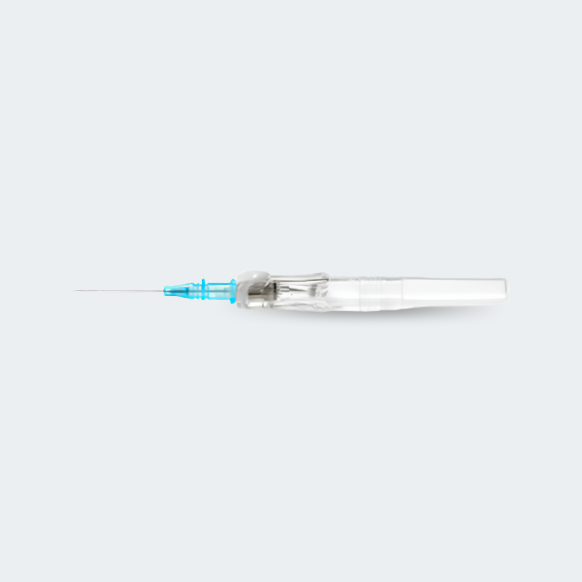 A single clear plastic and metal insulin-style syringe with a bright blue needle connector, shown horizontally on a very light gray background.