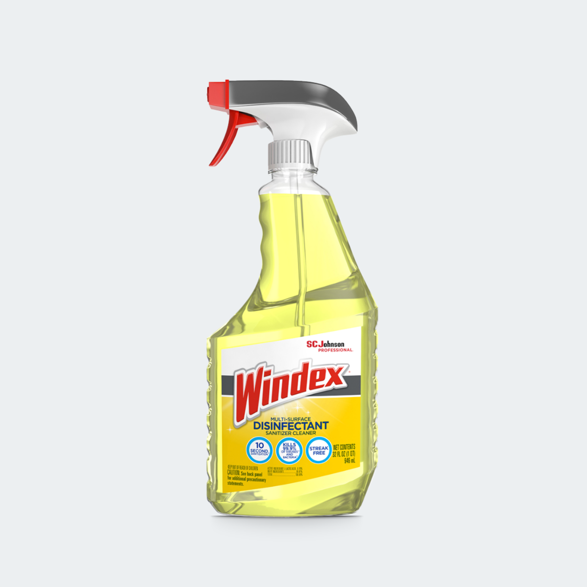 A bottle of Windex glass cleaner disinfectant spray with a yellow liquid inside, featuring a white, gray, and red trigger spray top and a yellow label with the Windex brand logo.
