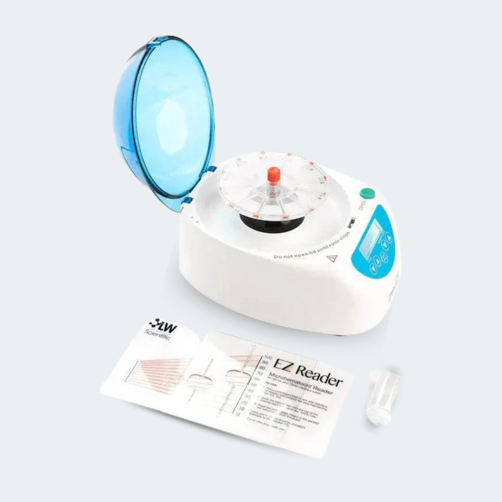 A white and blue EZ Reader liquid handling centrifuge with its lid open, shown alongside its user manual and a small sample tube on a light gray background.
