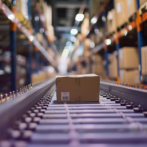A single brown cardboard box with a white label and barcode travels along a metal roller conveyor belt inside a large, brightly lit warehouse with tall storage racks in the blurred background, symbolizing efficient logistics.