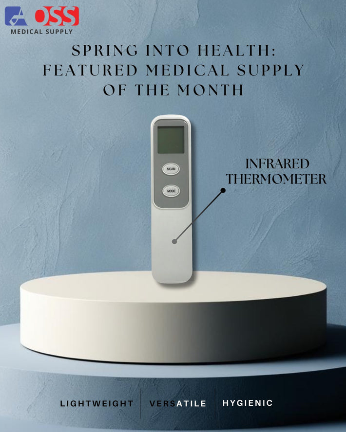 AOSS Medical Supply ad: Infrared thermometer featured as 'Medical Supply of the Month,' highlighted as lightweight, versatile, and hygienic for health monitoring.