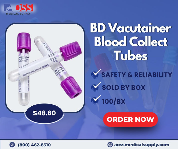 Advertisement for BD Vacutainer Blood Collect Tubes with safety and reliability features on a blue background.