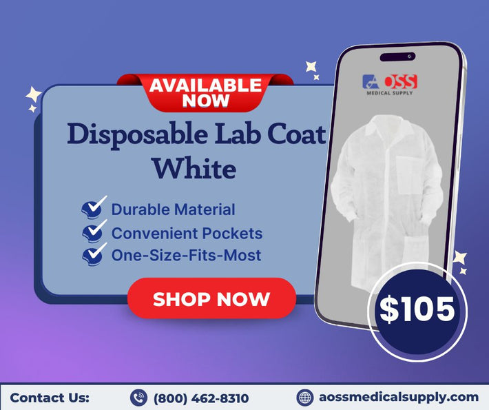 Advertisement for disposable lab coats with a phone displaying the product and promotional text.
