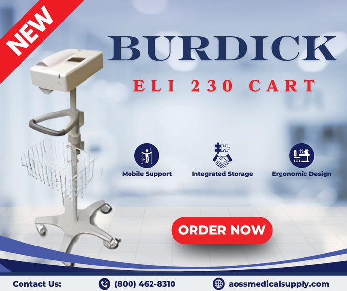 Burdick ELI 230 Cart with features and ordering information on a blue background