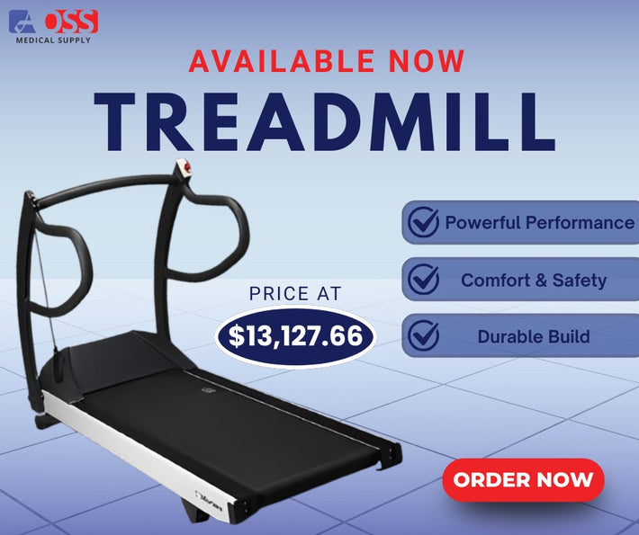 Advertisement for a treadmill with OSSI Medical Supply branding, highlighting features and price.