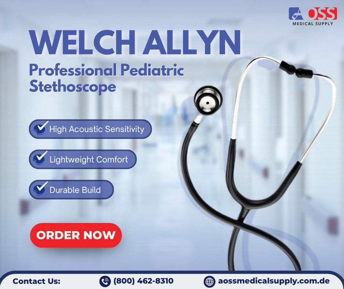 Welch Allyn professional pediatric stethoscope with product features and ordering information on a blurred medical background.