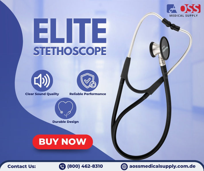 Elite stethoscope with OSS Medical Supply branding on a blue background