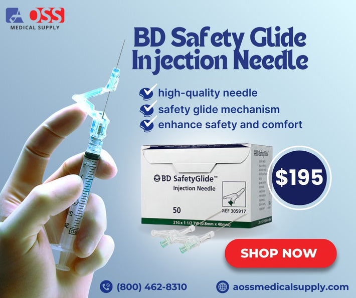 BD Safety Glide Injection Needle with packaging and hand holding needle on a blue background. 
