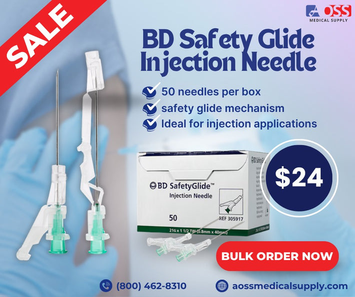 BD Safety Glide Injection Needle packaging with syringes and a sale banner on a blue background. 
