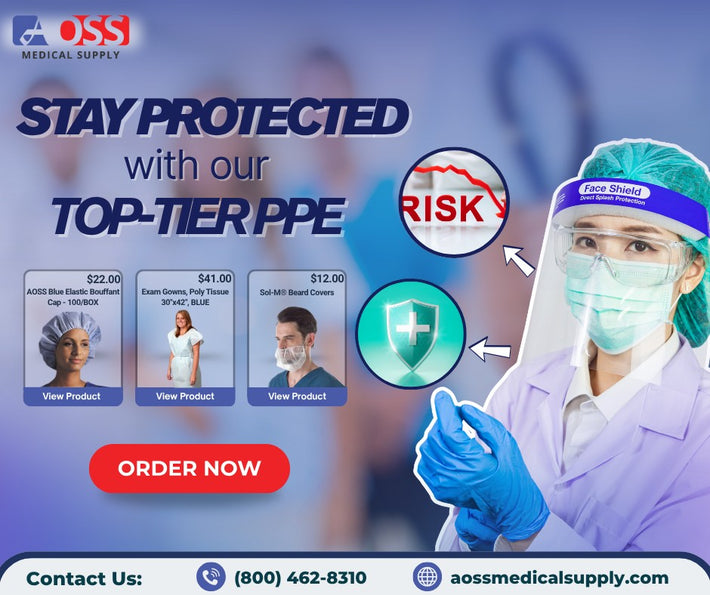 Advertisement for OASS Medical Supply featuring PPE products and a healthcare professional.