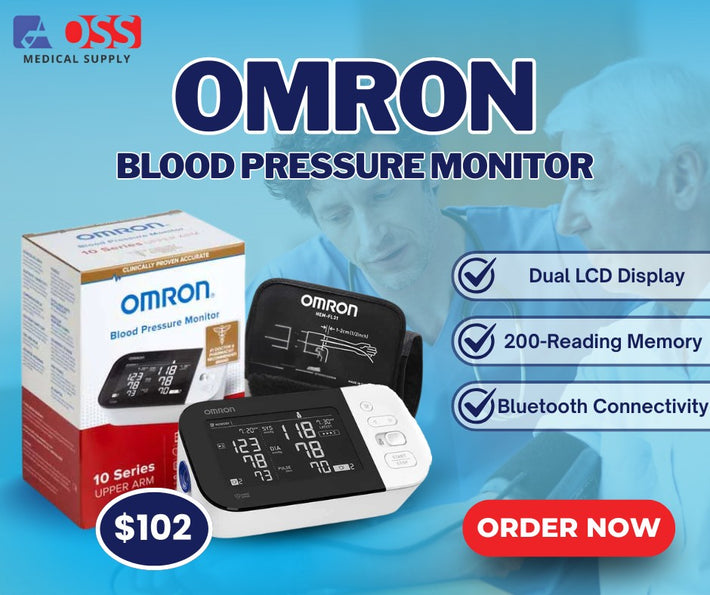 Omron blood pressure monitor with packaging on a blue background