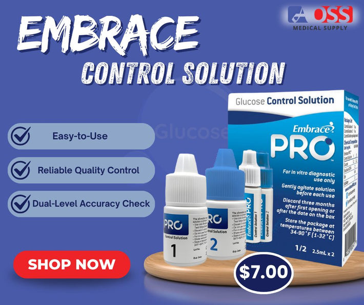 Embrace Pro glucose control solution packaging with bottles and a box on a blue background, featuring the OASS Medical Supply brand.