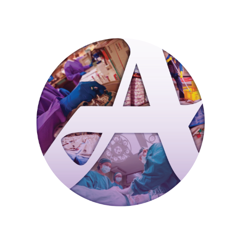 Circular logo featuring a large, stylized white letter 'A' as a cutout, revealing composite images of medical scenes, including surgical procedures and medical equipment.